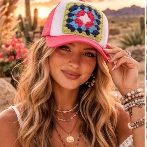 “DIY” Trucker Hat Pink Boho Crochet Granny Square Patch Snapback Festival Beach